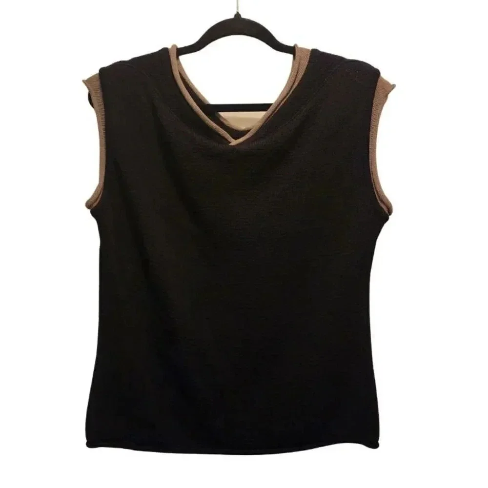 New $285 Annette Gortz Black Olive Sleeveless Stretch Sweater Size Large SIM5506